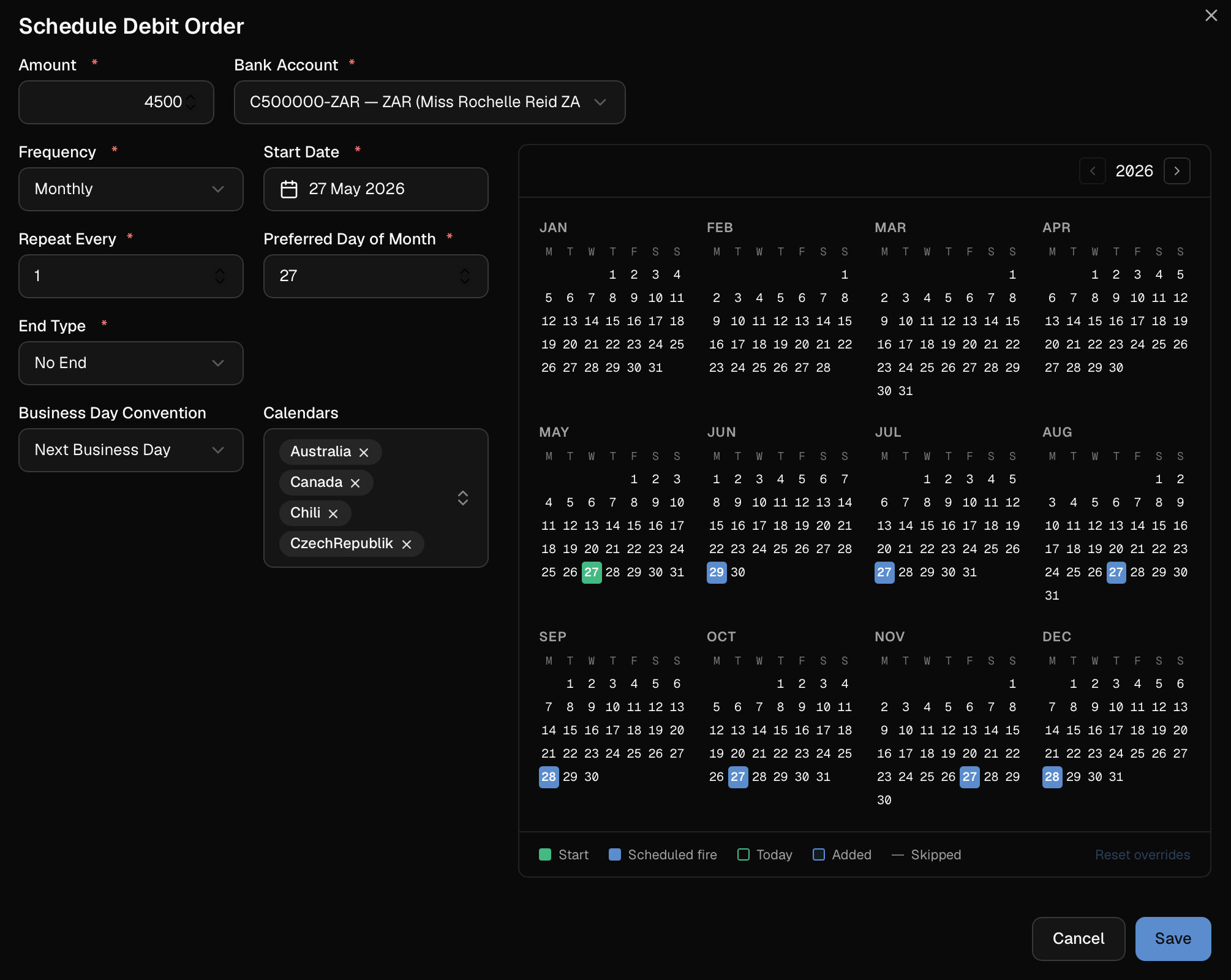 LedgerTM scheduling screen